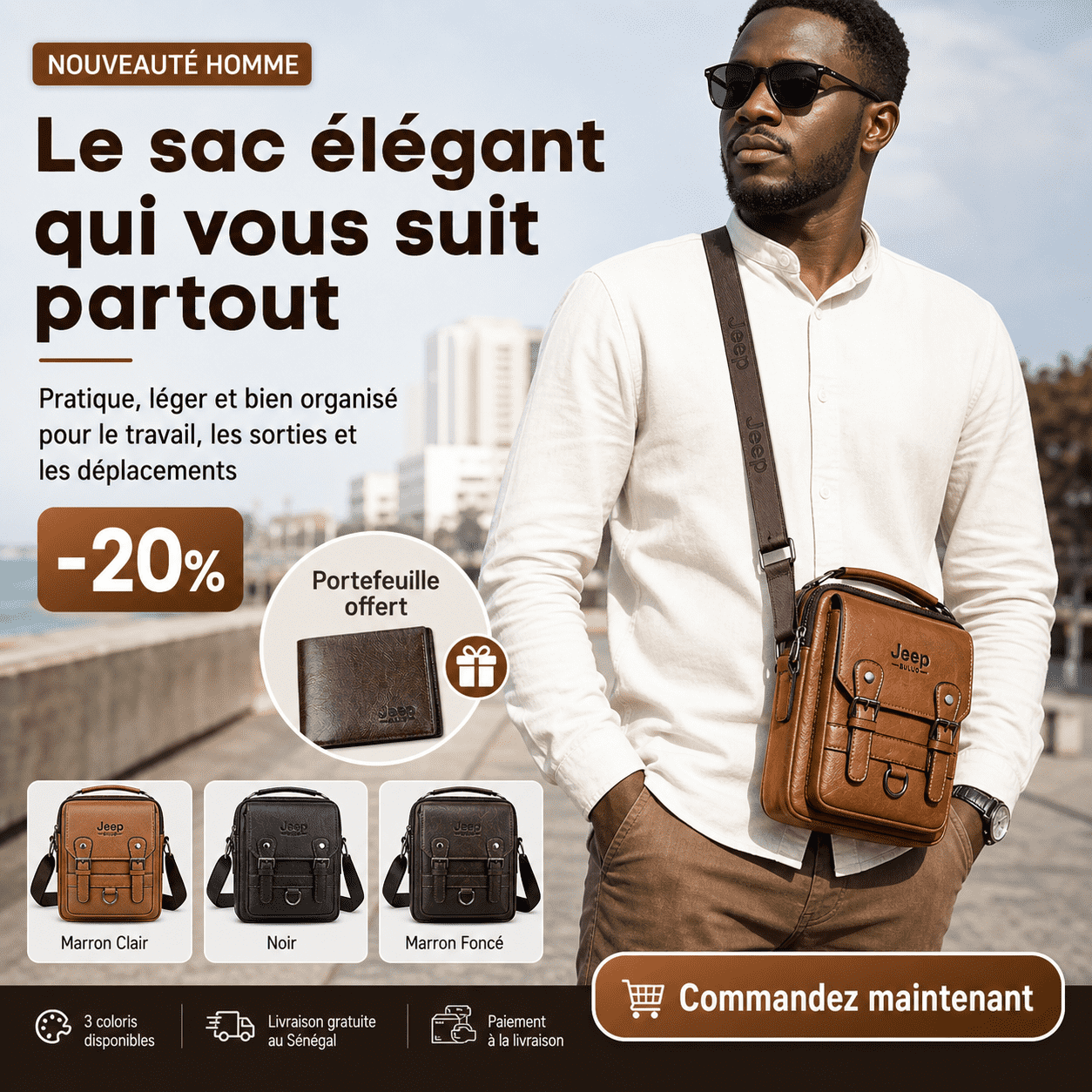 Sac Bandoulière Homme Élégant + Portefeuille Offert