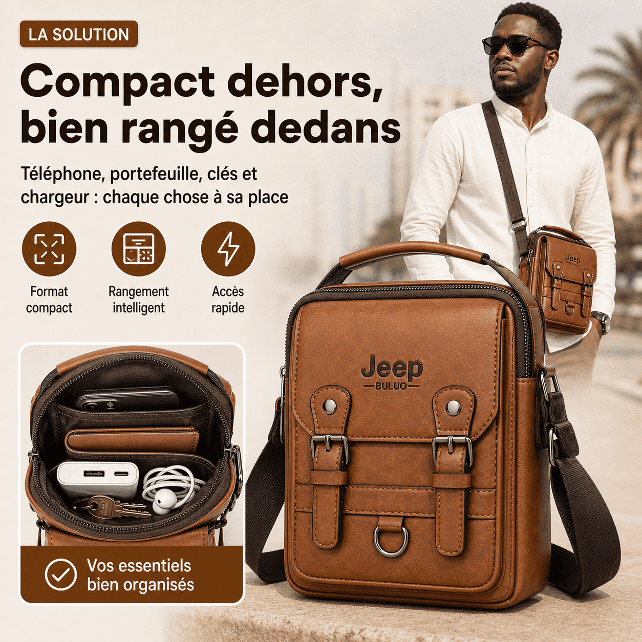 Sac Bandoulière Homme Élégant + Portefeuille Offert