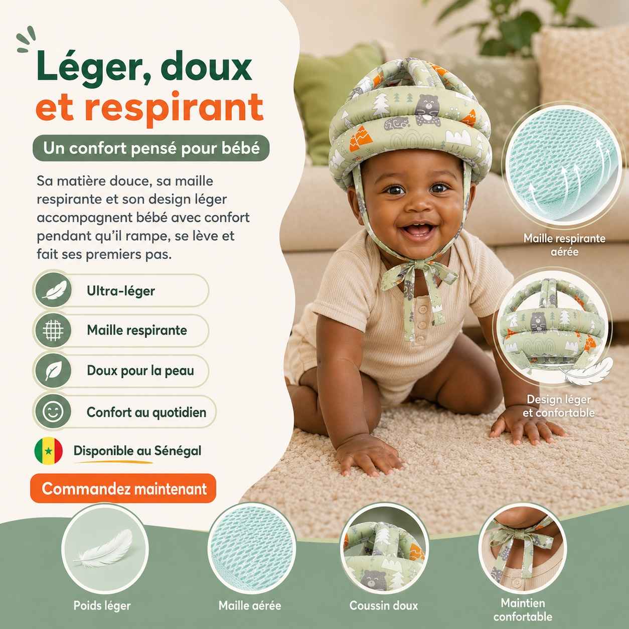 Casque Anti-Choc Bébé 360° – Protection Douce pour les Premiers Pas
