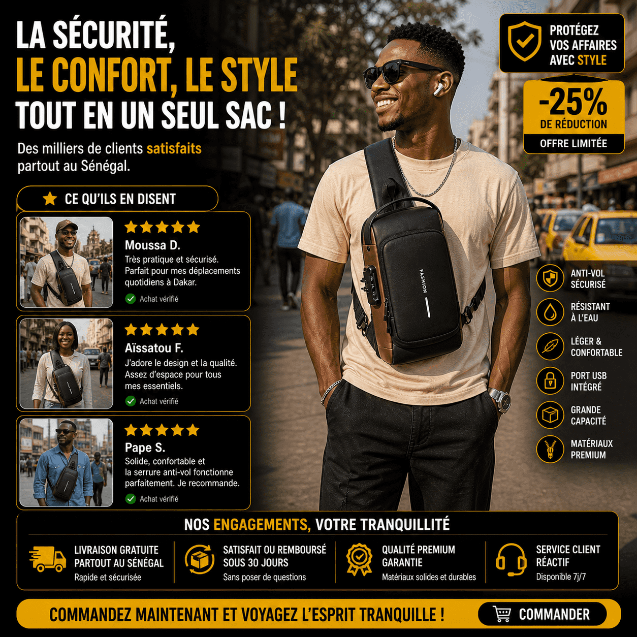 Sac Bandoulière Anti-Vol Premium | USB & Serrure Sécurisée