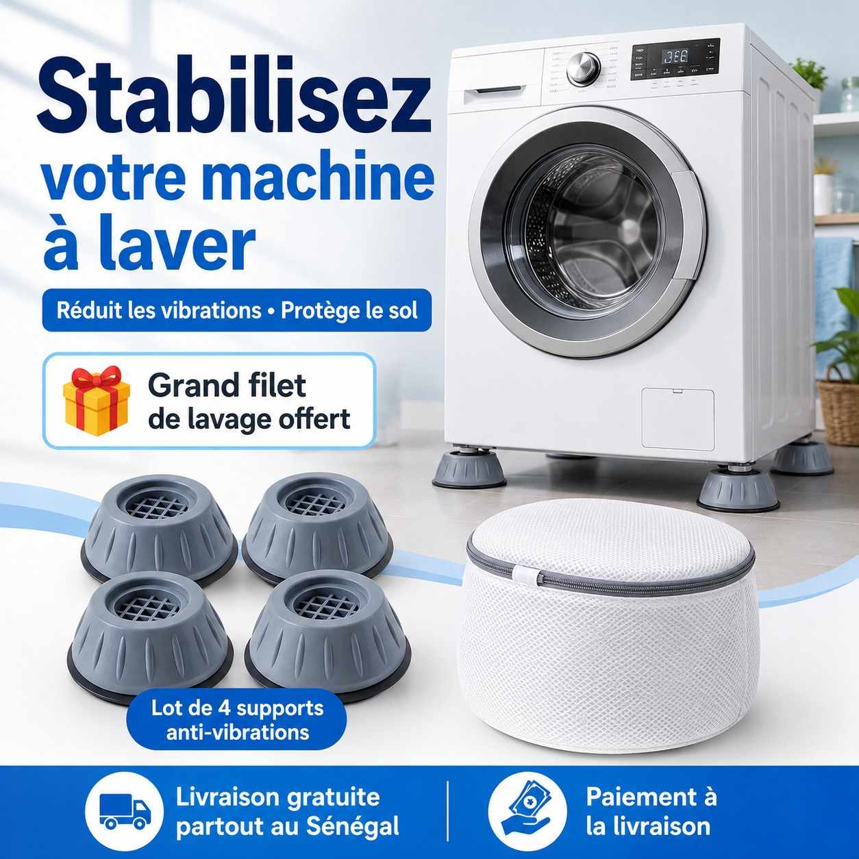 Supports Anti-Vibrations pour Machine à Laver – Lot de 4 + Filet Offert