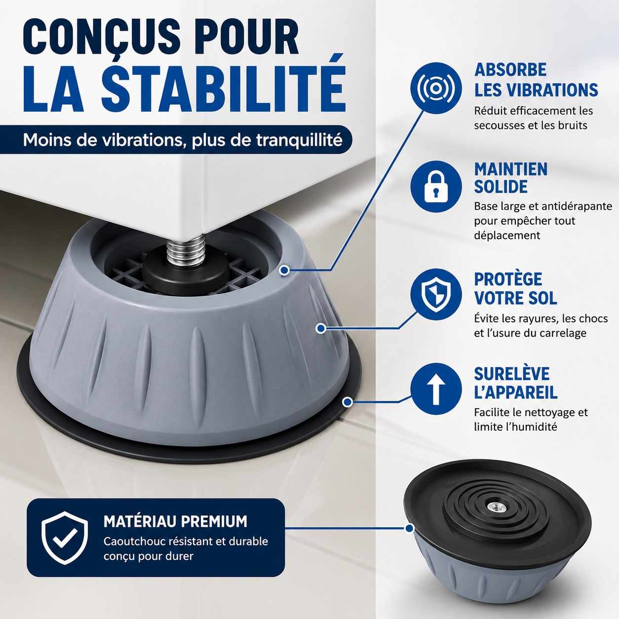 Supports Anti-Vibrations pour Machine à Laver – Lot de 4 + Filet Offert