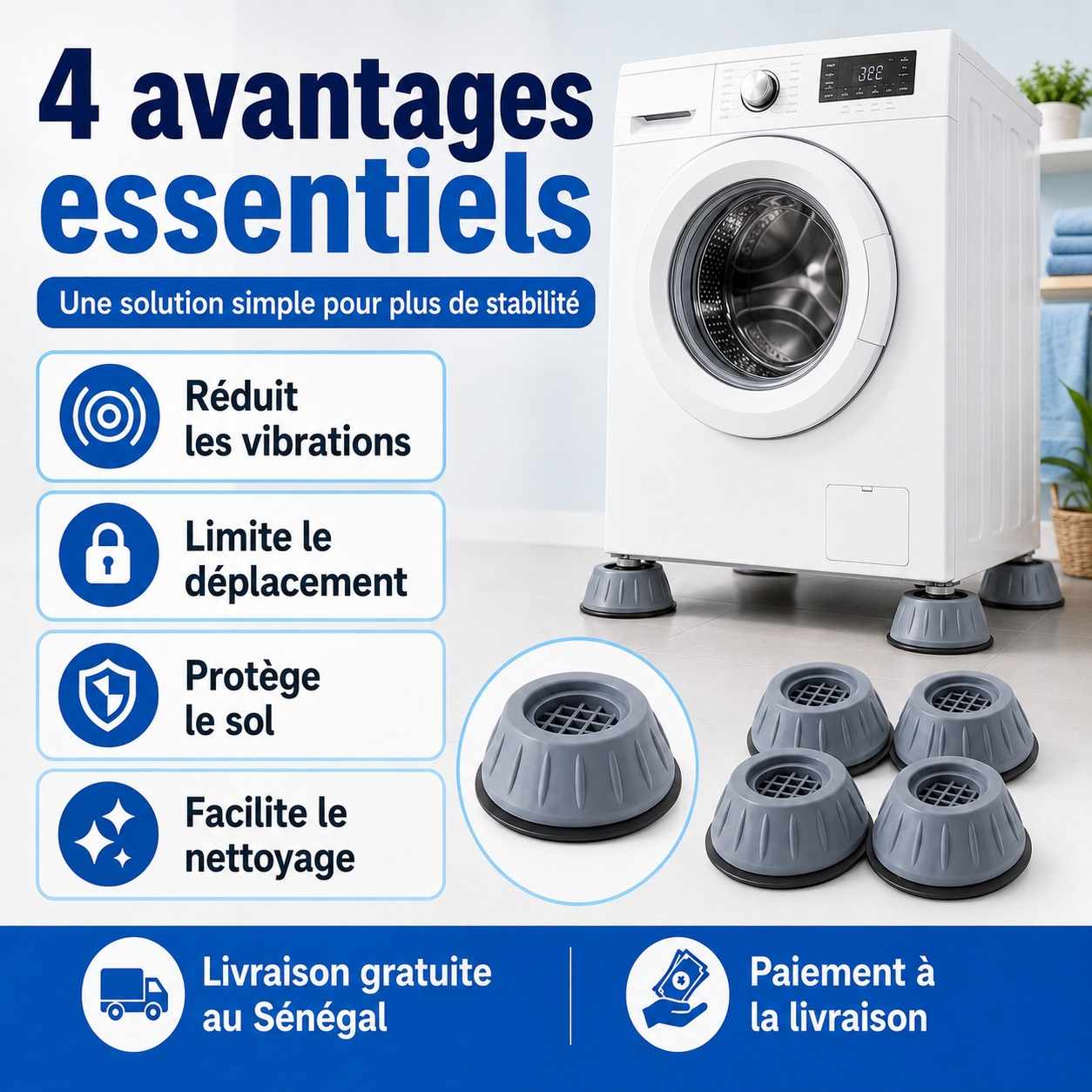 Supports Anti-Vibrations pour Machine à Laver – Lot de 4 + Filet Offert