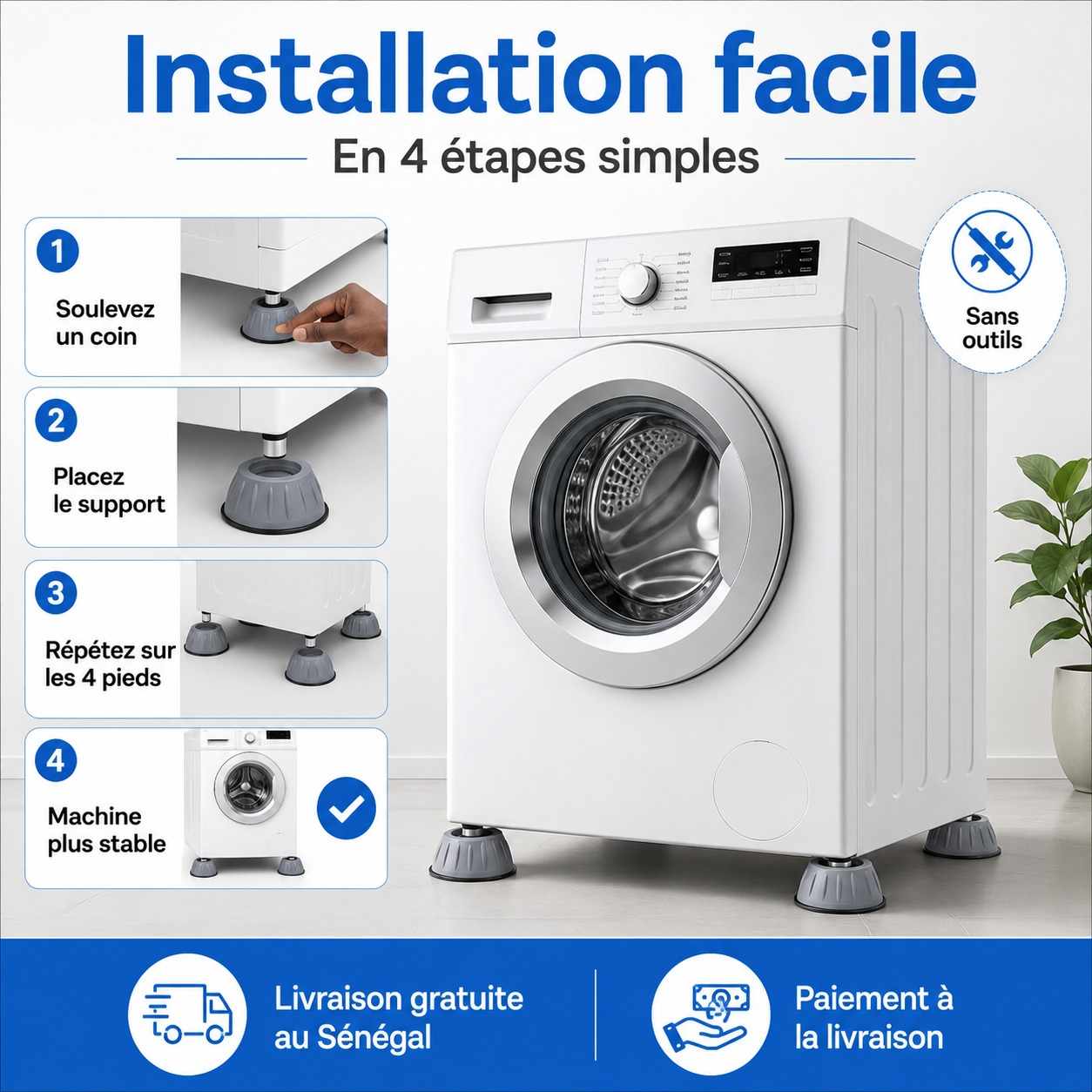 Supports Anti-Vibrations pour Machine à Laver – Lot de 4 + Filet Offert