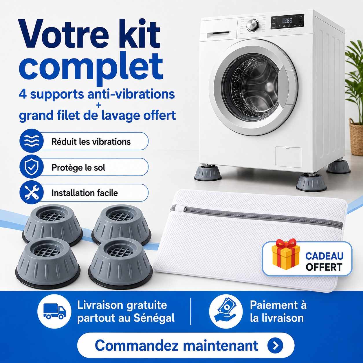 Supports Anti-Vibrations pour Machine à Laver – Lot de 4 + Filet Offert